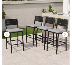 Metal Outdoor Bar Stools in Light Gray with Cushion (4-Pack)