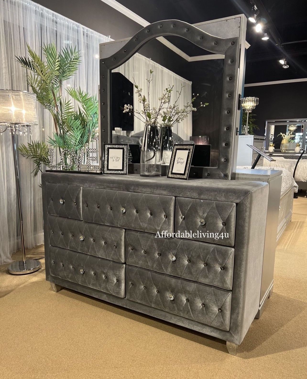 Grey Velvet Dresser W/ Crystal Acrylic Knobs Brand New In Box 