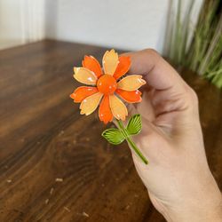 Mid Century Vintage Orange Enamel Flower Brooch