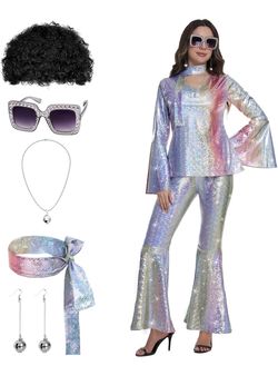 Jexine 70s Disco Outfit Women Sequin Sparkly Costume 7 PC Hippie Set,
