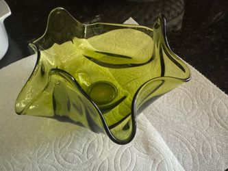 Vintage Viking Flare Stretch Art Glass Green Candy Dish