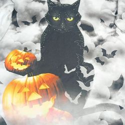Sz Lg Women's One World Halloween top Spooky Black Cat Jack-o-lantern bats 