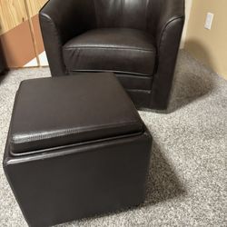 Brown Leather Chair And Foot Stool / Ottoman