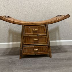 Small Klismos Style Bamboo Curved Rattan Bench Stool w/ 3 Drawers, 17.5"H x 28.5"L x 11"D Price is firm