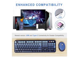 Wireless Keyboard and Mouse Combo, Ergonomic Full Size Typewriter Retro Round Keycaps Keyboard,
