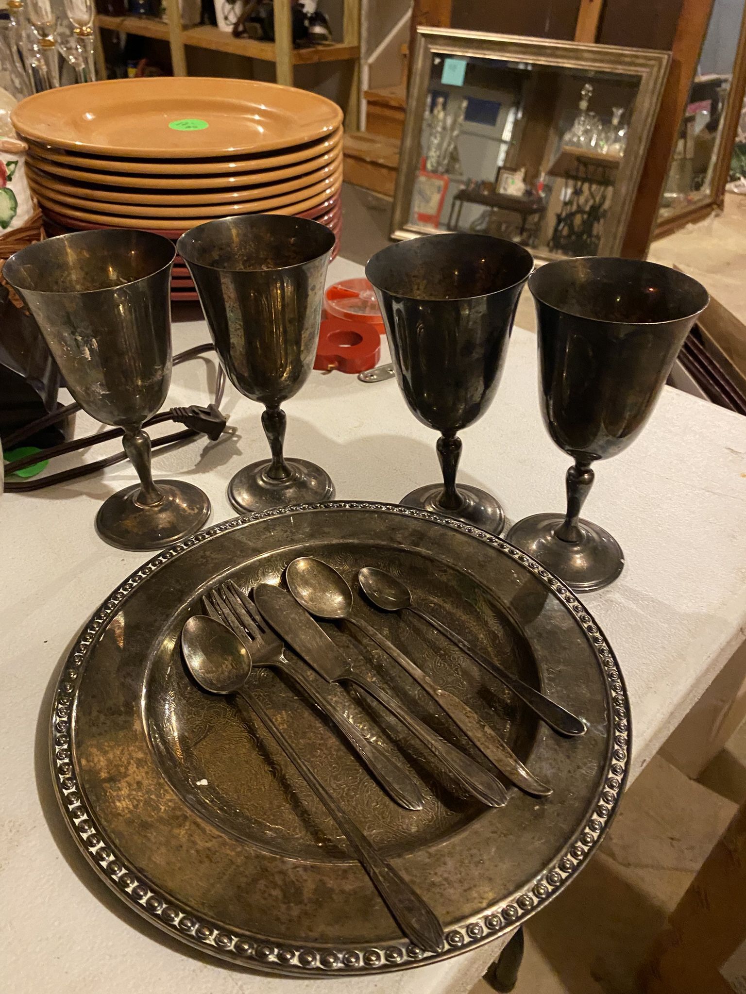 Vintage Reed And Barton Silver Plated Plate wear, Silverware And Water Goblets Set Of 4
