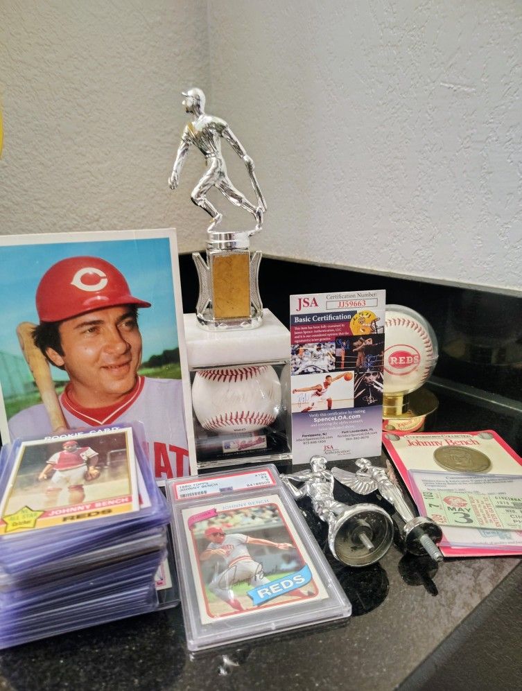 Authenticated Autographed Signed Johnny Bench Trophy And Memorabilia.