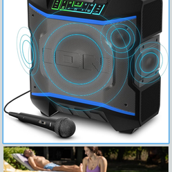 ION Block Rocker - Portable Bluetooth Outdoor Party Speaker with Karaoke Microphone, Battery, 4 Speakers, Radio, USB Port, App, Water-Resistant, 120W