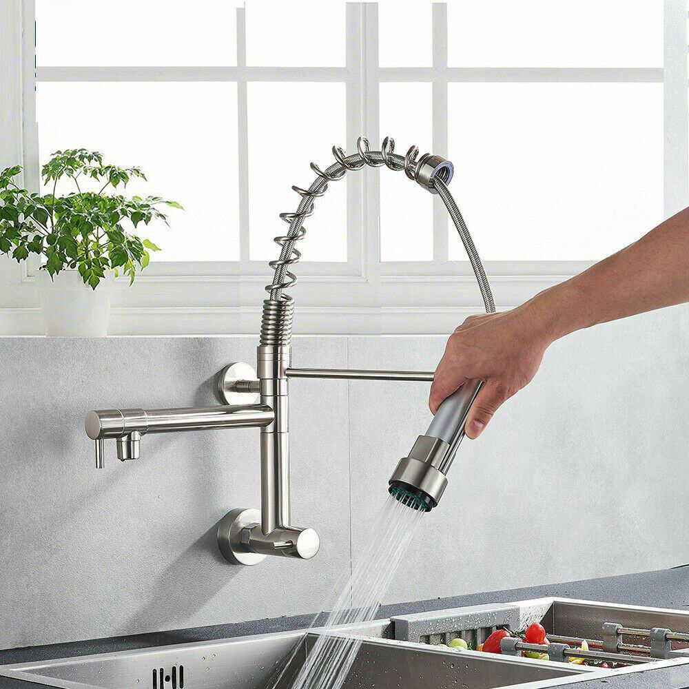 Wall Mount Kitchen Sink Faucet Pull Down Sprayer Swivel Tap Brushed Nickel