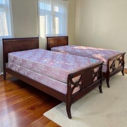 Pair of Mahogany Sleigh Twin Beds with Mattresses