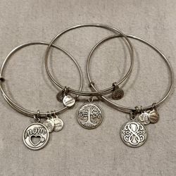 Set 3 Alex & Ani Mom Tree Monogram Round Charm Silver Expandable Bangle Bracelet