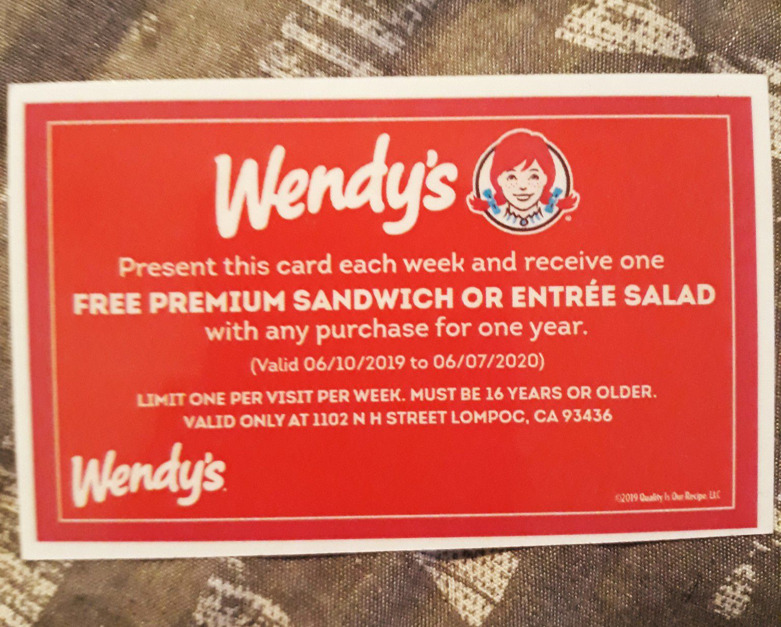 1 Year Free Wendy's