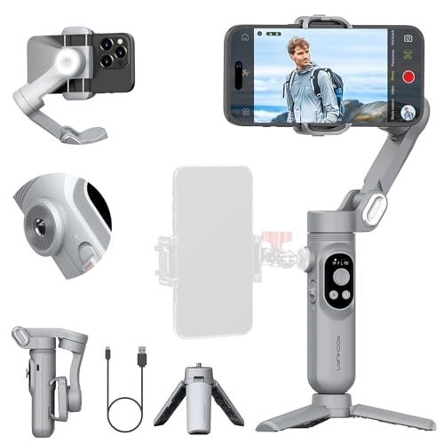 AOCHUAN Gimbal Stabilizer for Smartphone,3-axis Gimbal Anti-Shake for iPhone 15/14/13 Pro Android w/Built-in LED Light,1/4#34 Threads, Portable Phone