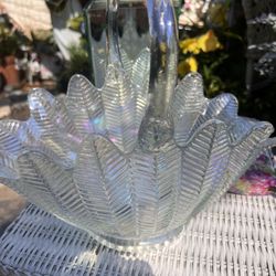 Vtg crystal? Glass? Bowl basket aura finish- carnival like glass finish 13.4” 7 “ x 12” h 