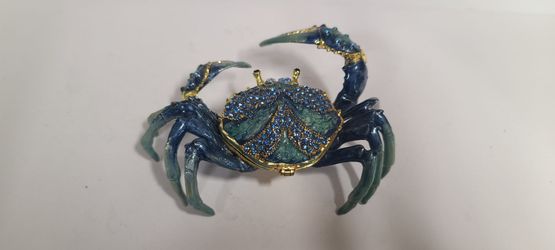 Beautiful Bejeweled Blue Enamel Crab Trinket Box