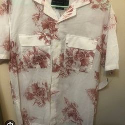 Abercrombie & Fitch floral button-up short-sleeve resort shirt in cream. 