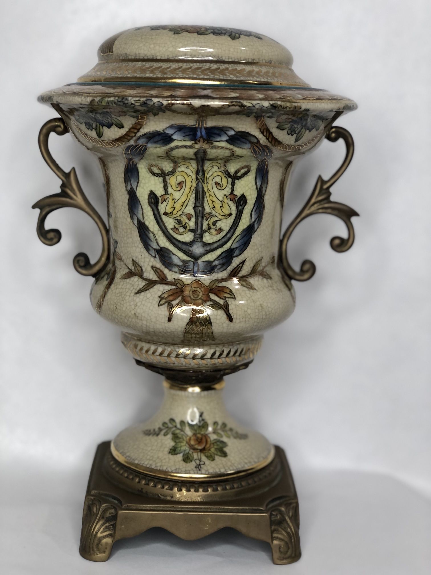 Vintage 1900 Dominic Ginger Jar Porcelain/Brass/Gold With Lid-RARE