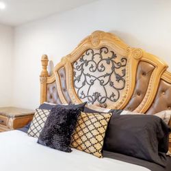 Luxury Ornate King Bed Frame (Carved Wood + Tufted Details)