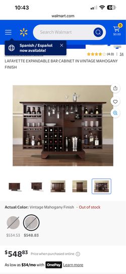 Lafayette expandable bar cabinet in vintage Mahogny finish with 4 bar stools