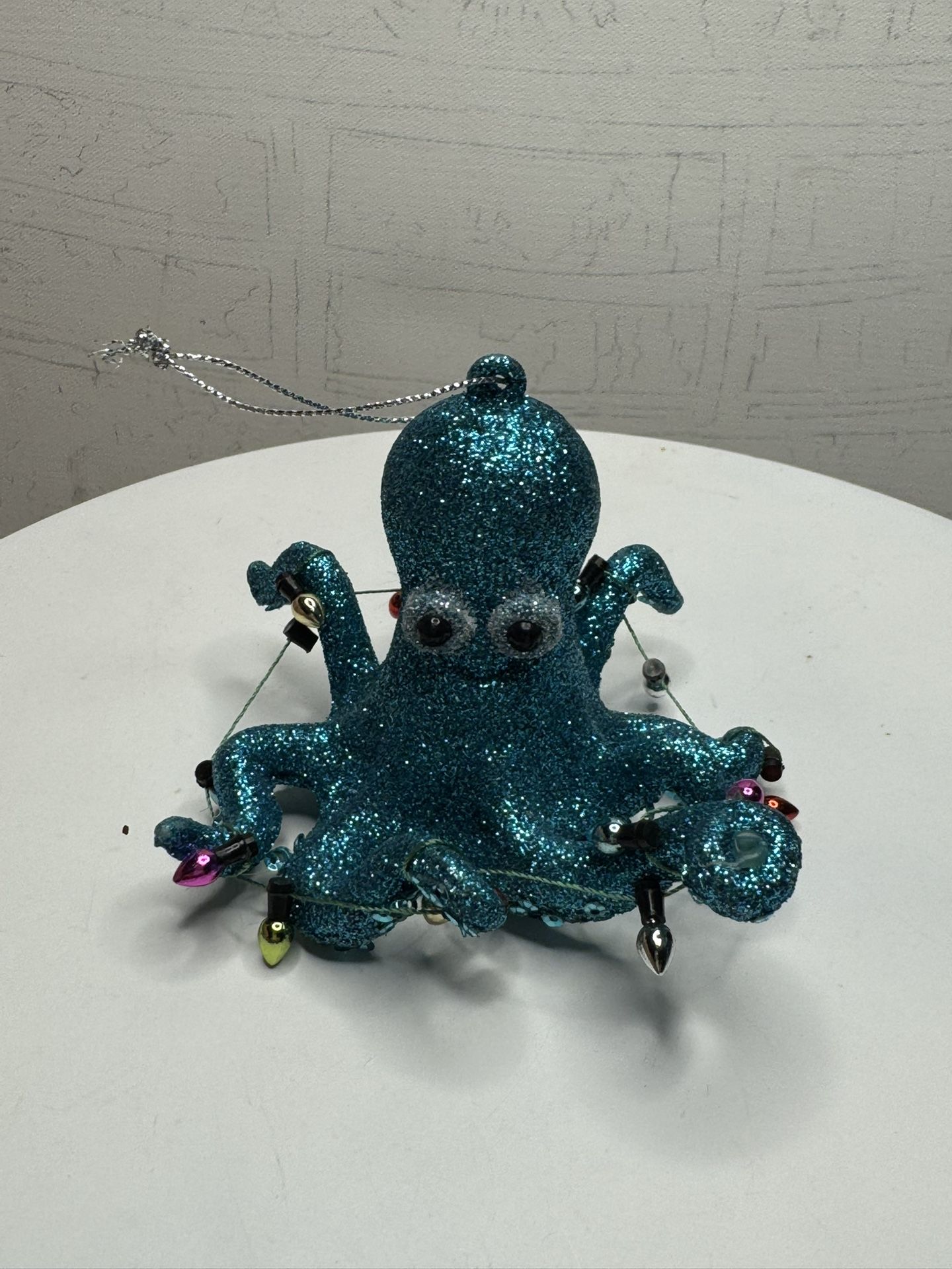 Octopus Ornament Hand Painted Ocean Icey Blue Glitter Coastal Christmas Decor