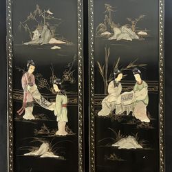 Pair of Vintage Chinese Decorative Panels w/ Paintings On Lacquered Wood - 24”x10” 