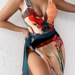 Tropical Print One Piece Swimsuit with Cover up Beach Skirt Sarong Two Piece Floral Printed V Neck Tummy Control
