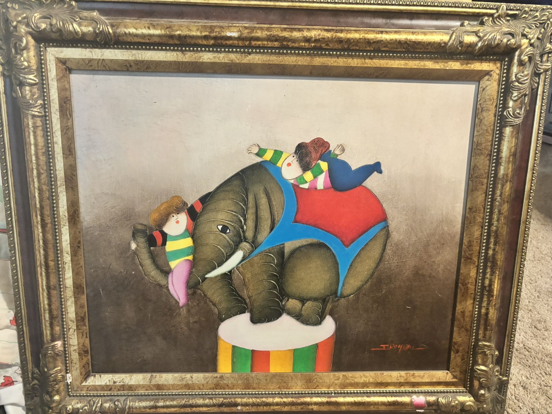 CHILDREN ELEPHANT CIRCUS ORIGINAL SIGNED ROYBAL COLORFUL FRAMED OIL PAINTING