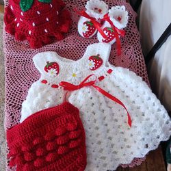 Crochet Baby Girl Red Strawberries Heirloom Dress Set Photo Prop Shipping Available