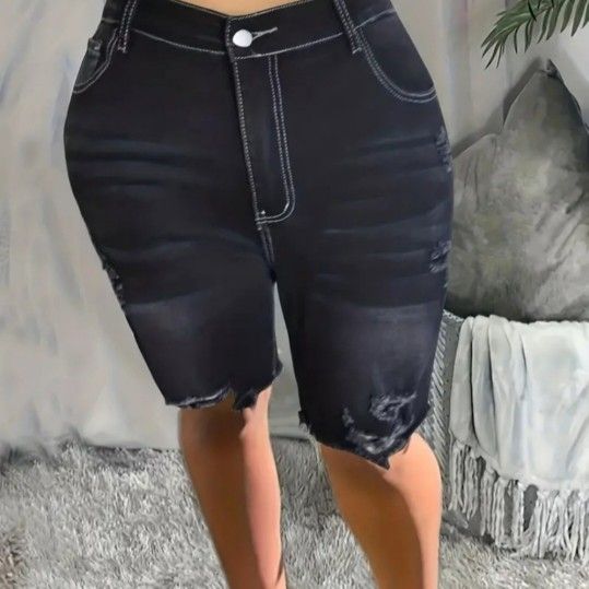 Distressed Black Denim Shorts