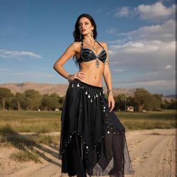MEDIUM Belly Dance Skirt with Coins Chiffon Wrap Skirt for Women Hand-Sewn Metallic Coins Skirts Stage Performance & Yoga