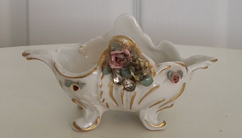 Vintage Porcelain Footed Bowl Hand Painted Applied Pink and Yellow Flowers.