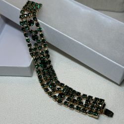 Vintage Kramer Of New York Emerald Green Colored Glass Rhinestone Bracelet c.1940
