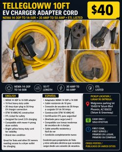 Tellegloww 10FT EV Charger Adapter Cord – NEMA 14-30P to 14-50R – 30 Amp Dryer to 50 Amp EV Charging Adapter – ETL Listed