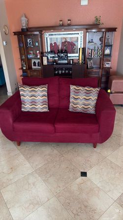 MUST GO!! Red Fabric Loveseat with Wood Legs