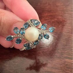 sterling silver blue topaz pearl ring size 6 