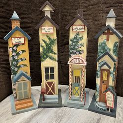 4 Vtg handmade Town Wood village pieces