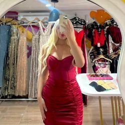 Sexy Red Satin Corset Mini Dress