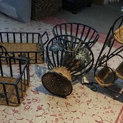 5 Wrought Iron And Wicker Wine Rack, Tray, Basket, Bowl
