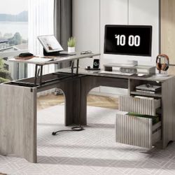 55 in. 2 Storage Drawers L-Shaped Computer Desk with Power Outlets,Lift-Top and Monitor Stand