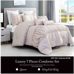 7-Piece Charnee Beige Pink Ruched Pleated Comforter Bedding Set - King Size