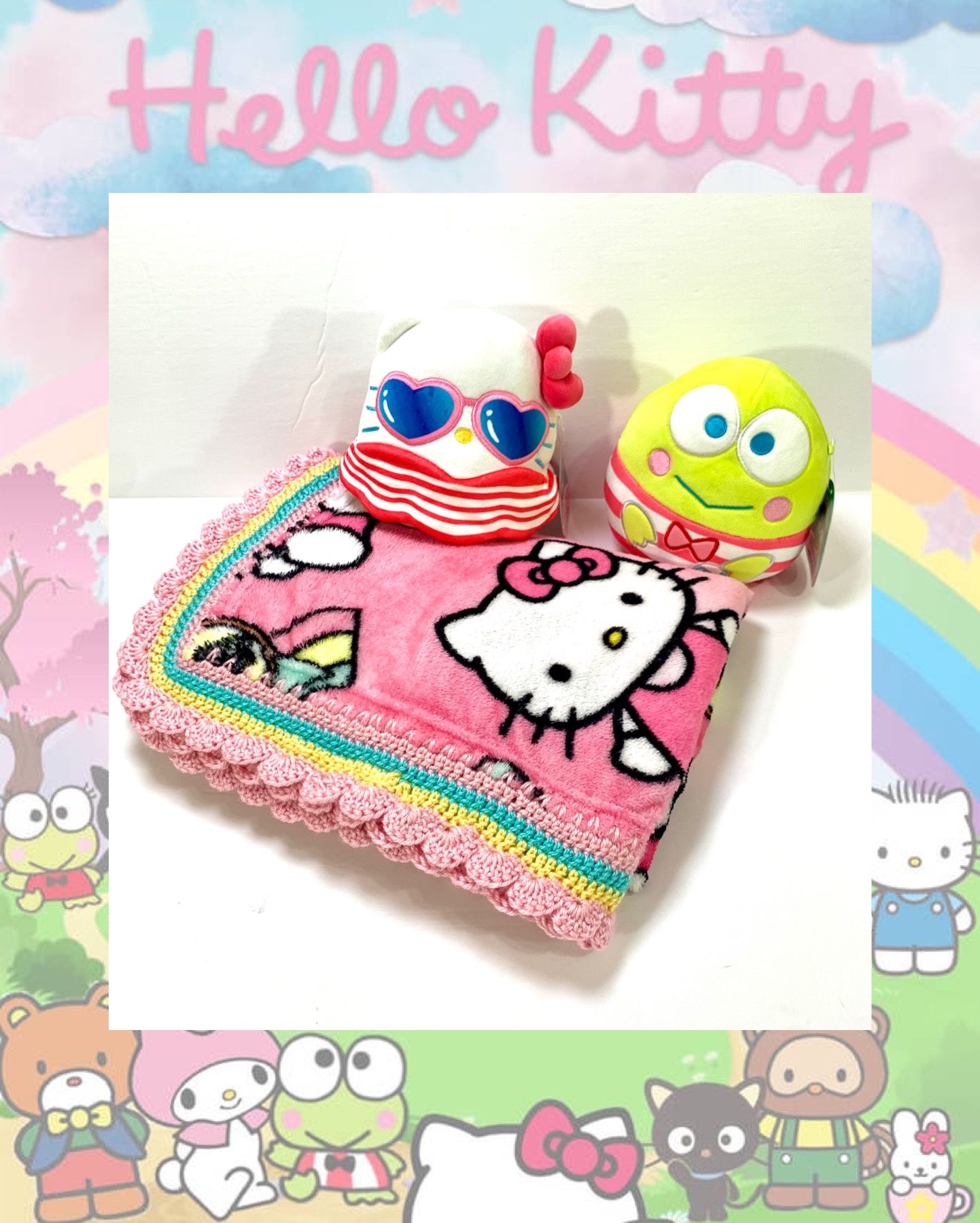Hello Kitty and Keroppi Summer Themed Crochet Baby Youth Blanket Plush Set - 3 Piece
