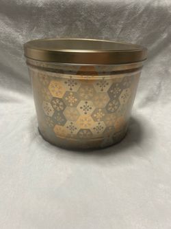 Independent Can Company large round gold snowflake storage container tin