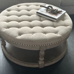 Sandstone, tufted, solid wood ottoman