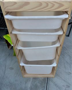 Wood Storage Unit with 4 Plastic Bins