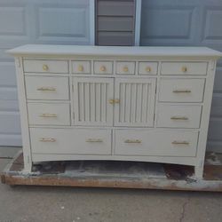 Stunningly Unique Cherry Triple Dresser with 12 Drawers and a Large Divided Open Compartment.