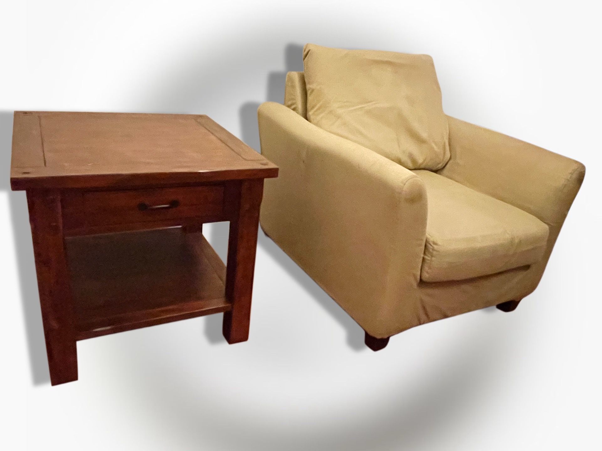 Solid Wood End Table + Beige Armchair