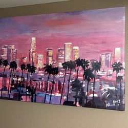 Retro Vintage Style 1980s LA Los Angeles City Sunset Painting Canvas Print  48” X 32”