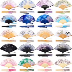 20 Pcs Floral Hand Fan Chinese Vintage Style Folding Fan Silk Handheld Fan Foldable Bamboo Framed Foldable Fan Fabric Silk Fans with Elegant Tassel De