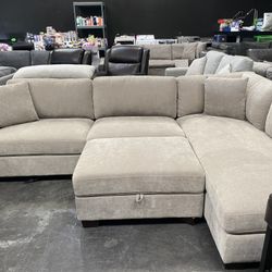 Thomasville Light Grey Fabric Sectional With Storage Ottoman   
