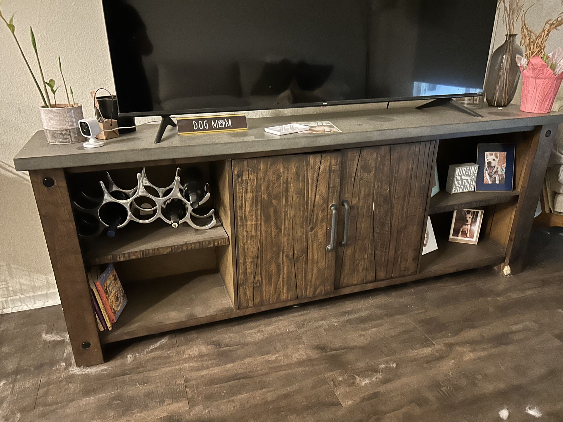 Rustic Wood TV Stand with Wine Rack & Storage